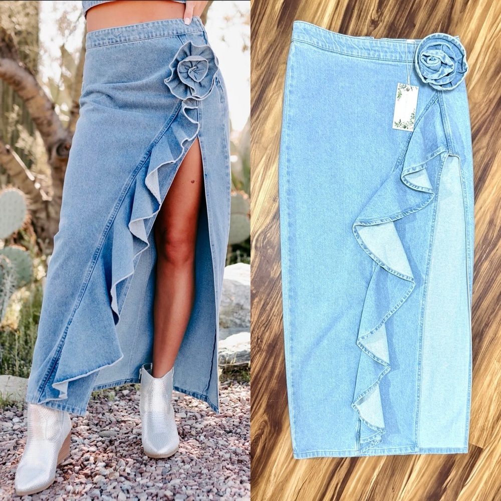 New Chelsea & Violet Blue Denim Maxi Skirt with Floral Detail